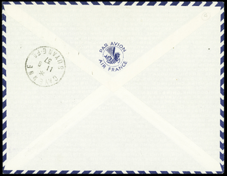 N°321 10F Traversée de l'Atlantique + 190 + 286 OBL CAD horoplan "Paris RP Avion" (3.9.37) sur lettre pour Cayenne avec grand cachet rouge