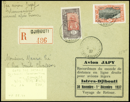3/7-12-1937 Djibouti-France, voyageur retour avion Japy - 2 lettres avec cachet rect noir imprimé, 2 lettres avec cachet exact 1937