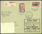 3/7-12-1937 Djibouti-France, voyageur retour avion Japy - 2 lettres avec cachet rect noir imprimé, 2 lettres avec cachet exact 1937