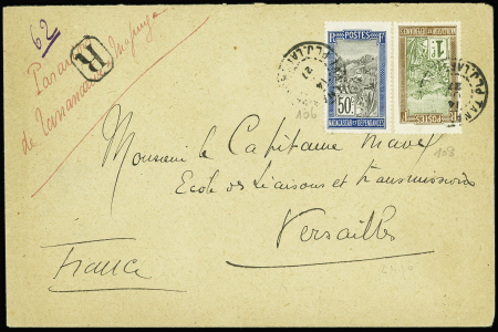 15.6.1927 Tananarive - Majunga, essai par Dagnaux, lettre recommandée AFF Madagascar n° 106 + 108 (Muller n°2 Madagascar n°2). Rare et TB