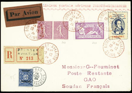 N°202 en paire + 240 OBL CAD rouge  'Bourget aviation Seine" (10.12.29) sur lettre recommandée avion avec Soudan taxe n°5 OBL Gao (16.12.29)