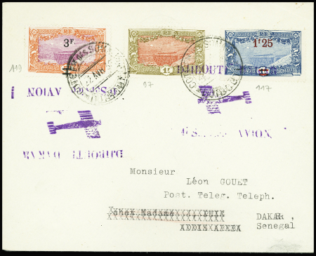 22/26.4.1932 Djibouti - Dakar par d'Estaillieur lettre avec griffe violette "Djibouti - Dakar 1er service avion" orné d'un avion