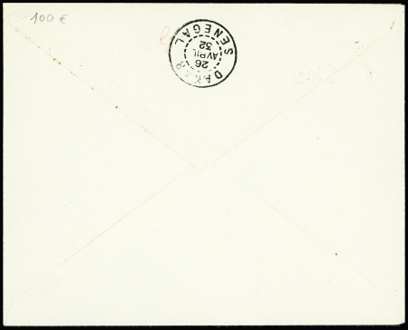 22/26.4.1932 Djibouti - Dakar par d'Estaillieur lettre avec griffe violette "Djibouti - Dakar 1er service avion" orné d'un avion