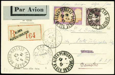 14.3.1933 Vol militaire Alger - Zinder, escale de Gao 5ème étape. Carte postale illustrée recommandée AFF Algérie n°46 + 55