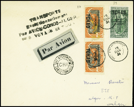 15.12.1934 Fort Archambault - Alger par Dagnaux. Lettre AFF Oubangui n°37 en paire + 39 avec griffe noire