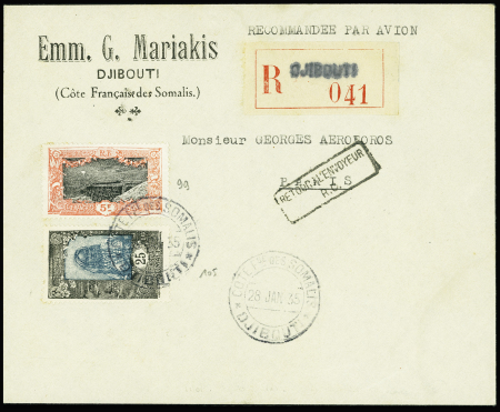 28/1 - 2/2.1935 Djibouti - Paris par Génin, Laurent et Robert, lettre recommandée AFF Côte des Somalis n°99 + 105 (Muller n°13 Côte des Somalis). TB