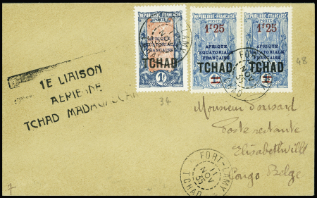 11.11.1935 Fort - Lamy Tananarive, étape Fort-Lamy Elisabethville, lettre AFF Tchad n°34 + 38 en paire avec griffe noire "1e liaison aérienne Tchad Madagascar"