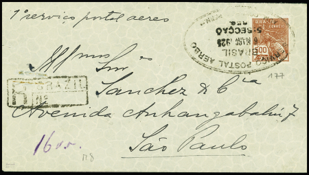 9.3.1925 Ligne Mermoz - Pernambouc - Sao Paulo, env ordinaire recommandée AFF Brésil n°177 (Muller n°8 Brésil). TB