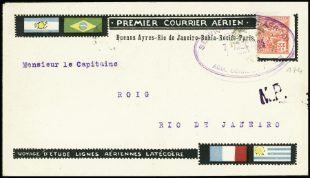9.3.1925 Ligne Mermoz. Vol Pernambouc Rio - env. spéciale Latécoère , avec griffe "MP" (en mains propres) (Muller n°8 Brésil). TB
