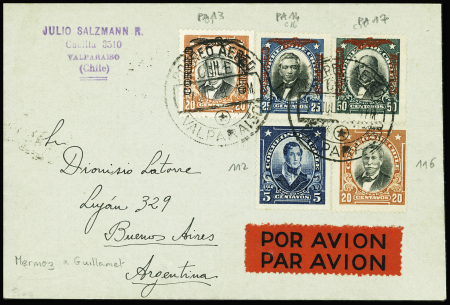 18.7.1929 1er vol retour Santiago - Buenos Aires par Mermoz et Guillaumet AFF Chili n°112 + 116 + PA13 + PA14 + PA17 OBL Valparaiso et au verso cachet rect noir