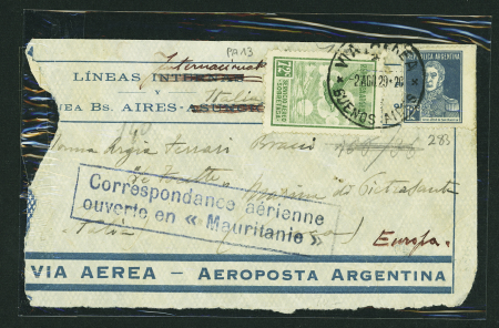 Devant de lettre avec recto partiel AFF Argentine n°283 + PA13 OBL CAD "Via AEREA Buenos Aires" (2.8.29) pour l'Italie avec cachet rect bleu
