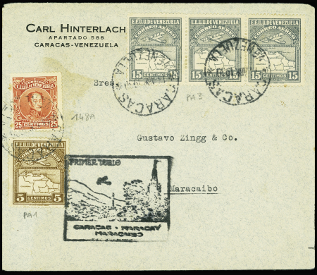 15.4.1930 Caracas - Maracay - Maracaibo par Vachet et Chenu avec cachet rect illustré noir (Muller Vénezuela n°15). TB