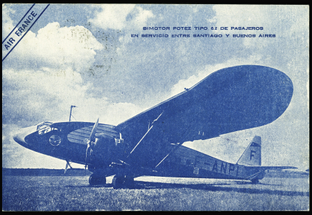 Chili PA 32A + PA40A OBL 26.12.36 sur carte postale de Nouvel An Air France à tarif réduit avec illustration bleue avion Potez 62 au sol. TB
