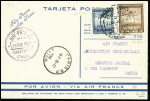 Chili PA 32A + PA40A OBL 26.12.36 sur carte postale de Nouvel An Air France à tarif réduit avec illustration bleue avion Potez 62 au sol. TB