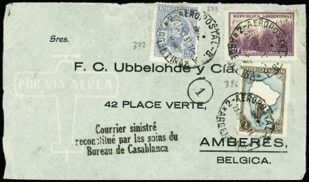 Argentine n°372 + 378 + 386 sur lettre d'Argentine pour la Belgique avec griffe noire "Courrier sinistré reconstitué par les soins du bureau de Casablanca"