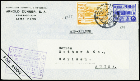 12.5.1940 Lettre AFF Pérou n°359 + PA25 OBL Lima (9.5.40) avec cachet rect violet en espagnol du 10ème anniversaire de la 1ère traversée de l'Atlantique sud