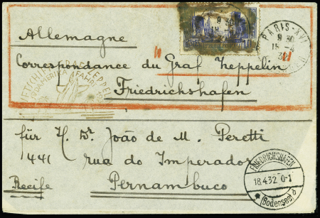 Zeppelin : lettre ordinaire de Paris pour Pernambouc AFF n°261 OBL de Frierichshafen (18.4.32). Rare