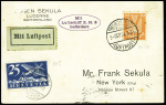 Carte postale avec double affranchissement Suisse PA5 OBL Luzern + Allemagne PA23 OBL CAD "Friedrichshafen luftpost" (9 sept 24) sur carte postale pour New York