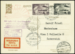 URSS PA 240 + PA 27A OBL Leningrad (25.7.31) sur carte postale recommandée pour l'Autriche avec griffe violette et cachet illustré rouge