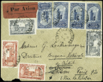 Maroc n°67, 2 pièces + n°68, 2 pièces + 70, 4 pièces OBL Casablannca (24.5.1920) sur lettre pour Paris avec rare étiquette lie de vin "par avion"