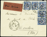 Maroc n°32, 5 pièces, OBL Rabat RP (7.6.1920) sur lettre par avion pour Toulon avec rare étiquette lie de vin "par avion" (n°1 - cadre fin). TB