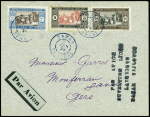 6/8.6.1925 Dakar - Casablanca - Toulouse par Dubourdieu. Lettre AFF Sénégal n°36 + 59 + 72 avec griffe noire "par avion ouverture ligne Latécoère Dakar Toulouse"