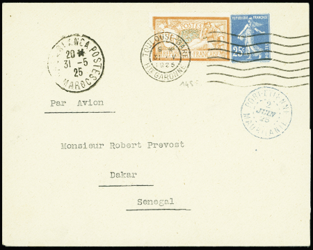 31.5.1925 Toulouse - Casablanca - Port Etienne - Dakar, lettre  AFF n°140 + 145 avec CAD d'escale bleu "Port Etienne Mauritanie" (2 juin 25)