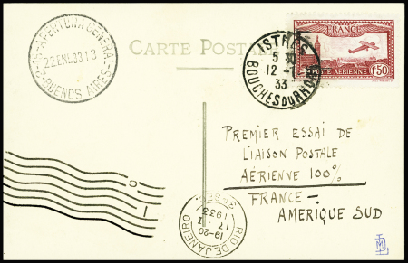 12/22.1.1933 Istres - Rio de Janeiro - Buenos Aires par Mermoz, carte postale spéciale (Muller n°307). TB