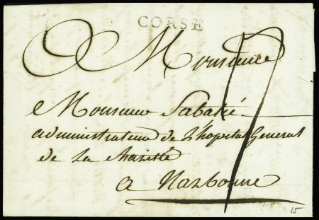Lettre pour Narbonne (1772) avec MP "Corse" de Bastia (Lenain n°5). TB, jolie frappe