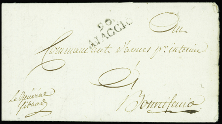 Lettre avec MP "90 Ajaccio" pour Bonifacio avec paraphe manuscrit "Le Général Sibaud" (an 9). TB