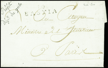 Lettre avec MP "19 Bastia" (1804) + franchise au tampon "Préfet DEPt du Golo". TB