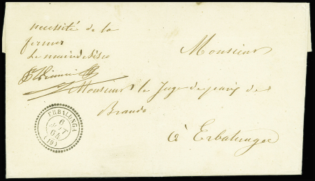 Lettre de Sisco à Erbalunga avec franchise manuscrite "Le maire de Sisco" + joli CAD perlé d'arrivée T22 "Erbalunga (19)" (1864) et au verso cachet vert avec aigle