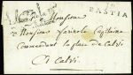 Lettre avec MP "19 Bastia" pour Calvi avec franchise au tampon "Le GOUVr de la 23e DIVon militaire" (1817) + cachet idem avec couronne et fleurs de lys (1817)
