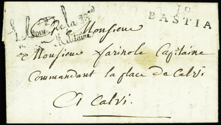 Lettre avec MP "19 Bastia" pour Calvi avec franchise au tampon "Le GOUVr de la 23e DIVon militaire" (1817) + cachet idem avec couronne et fleurs de lys (1817)