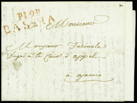 2 lettres avec MP rouge "P 19 P Bastia" (41x12mm - 1813 et 19x10mm - 1821), ind 14 chacune. TB