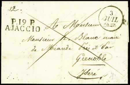 Lettre avec jolie MP "P 19 P Ajaccio" + dateur "A" (1828), ind 14. B