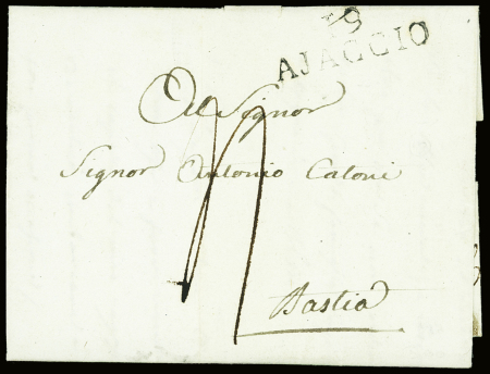 Lettre avec MP "19 Ajaccio" pour Bastia avec marque d'arrivée rect "17 aout 1814". TB