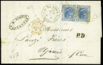 CORSE 2 lettres AFF Italie n°23 en paire pour Ajaccio et Annecy avec CAD d'entrée rouge "Italie Bastia" (1874) et "Italie Ajaccio" (1869)
