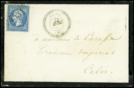 N°22 OBL GC 4531 + CAD T22 "Evisa (19)" (1865) sur env. de deuil, ind 18. TB