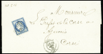 3 plis : n°60 OBL PC du GC 338 + T17 Bastia (1875), circulaire avec CAD T17 Bocognano (1876) en bleu + "BM" + taxe 4 manuscrite, télégramme avec CAD hex