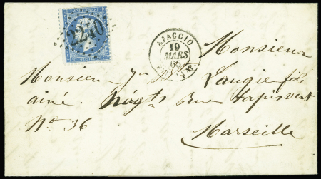 N°22 OBL GC 2240 + T15 "Ajaccio BAT a VAP" (1865 - Salles n°432) sur lettre, ind 14. TB
