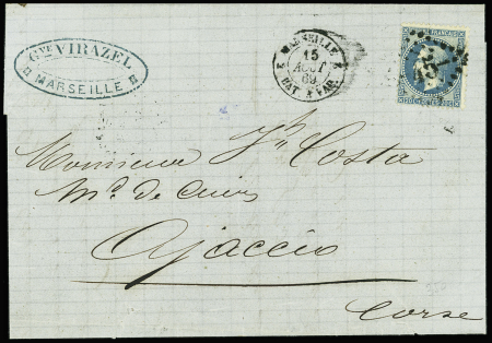 N°29 OBL GC 45 + CAD "2 Marseille 2 BAT A VAP" (1869) sur lettre de Marseille pour Ajaccio (Salles n°434), ind 18. Rare et TB