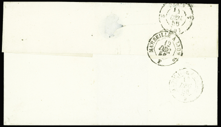 3 lettres : n°22 OBL GC 2240 + T15 "Bastia BAT a VAP" (1868), n°14 OBL PC 1896 + T15 "Bastia BAT a VAP " (1856) et n°29 en paire OBL GC 2240 + T15