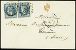 3 lettres : n°22 OBL GC 2240 + T15 "Bastia BAT a VAP" (1868), n°14 OBL PC 1896 + T15 "Bastia BAT a VAP " (1856) et n°29 en paire OBL GC 2240 + T15