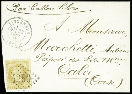 N°28 OBL GC 4290 + T17  Vincennes (28 sept 70) sur carte postale de fortune avec mention manuscrite "par ballon libre" (Les Etats Unis). TB