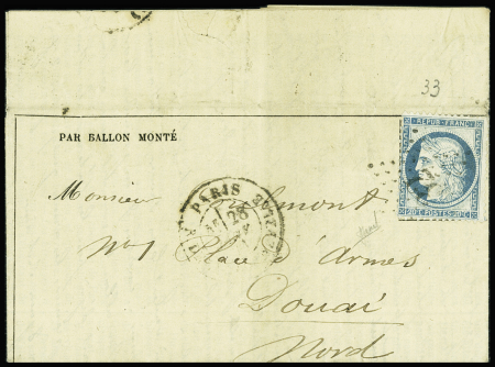N°37 OBL étoile 32 + CAD "Paris R. de la Ste Chapelle" (28 janv 71) sur Gazette des Absents n°33 acheminée par voie de terre, arrivée Douai 11 fev. TB