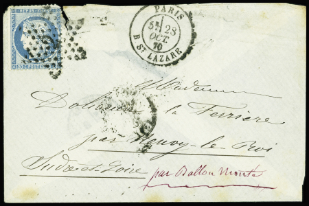 N°37 OBL étoile 2 + CAD "Paris R. St Lazare" (28 oct 70) sur ballon monté pour Neuvy le Roi (Indre et Loire) arrivée 3 nov (Le Colonel Charras)