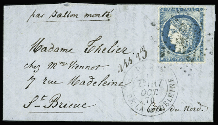 N°37 OBL étoile 3 + CAD "Paris PL. de la Madeleine" (17 oct 70) sur ballon monté pour St Brieuc, arrivée 23 oct (Le Victor Hugo). TB