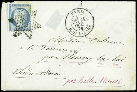 N°37 OBL étoile 2 + CAD "Paris R. St Lazare" (21 oct 70) sur ballon monté pour Neuvy le Roi (Indre et Loire) avec arrivée 3 nov (Le Garibaldi). TB