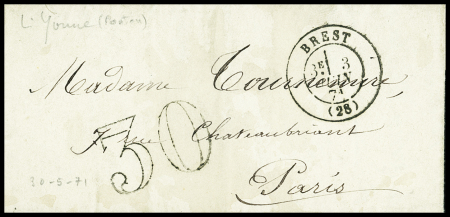 Lettre non affranchie d'un prisonnier politique à bord du ponton L'Yonne en rade de Brest le 30 mai 1871 avec CAD T17 Brest (3 juin 71) + taxe 30 double-trait